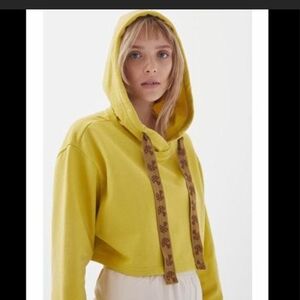 Urban Outfitters Yellow Cropped Hoodie w/ Brown Mushroom Drawstrings Sz Small
